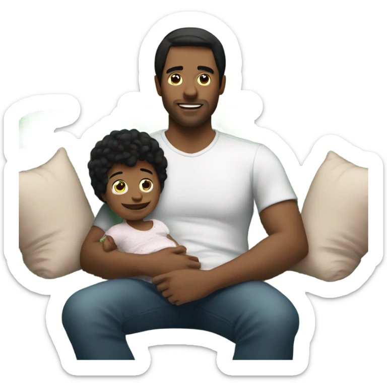 Man with black hair and baby relaxing on couch together sticker
