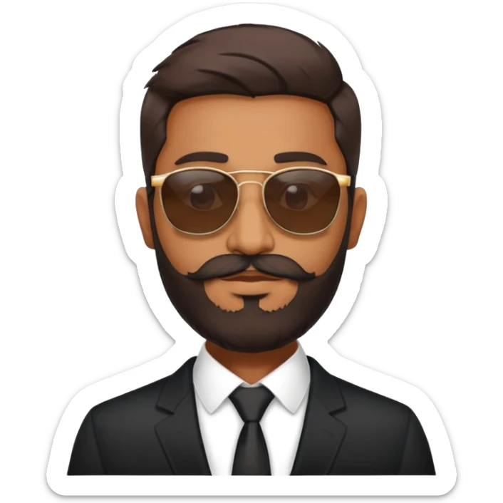 a brown indian man with italian faded beard wearing sunglasses and black suit sticker