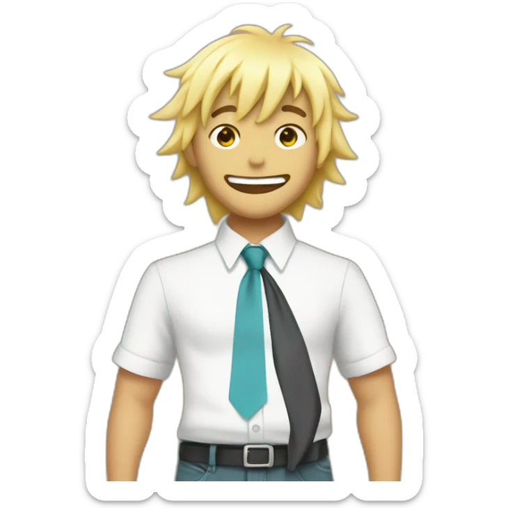 Denji with his blond hair in a shaggy style, brown eyes, with his shark teeth, is smiling evil and with a shirt with a tie from chainsawman sticker