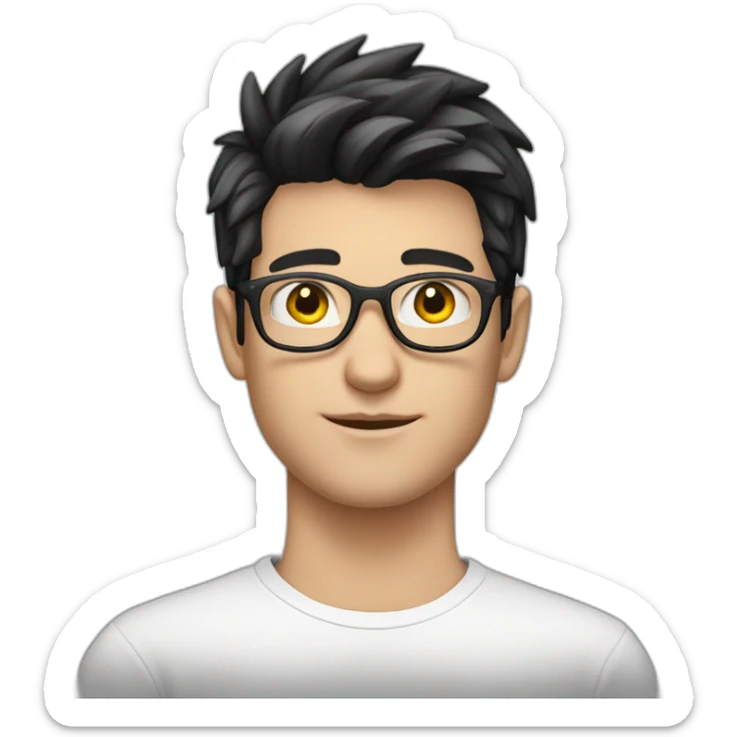 young white European guy with a white shirt and black hairs and metal glasses sticker