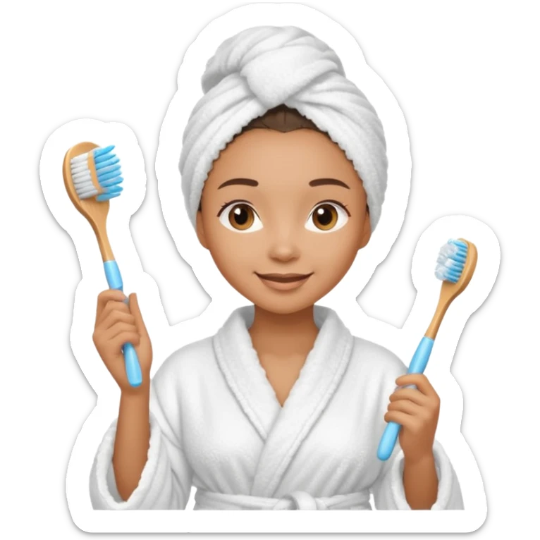 lightskin Women wearing shower robe and their hair with towel holding one brush sticker