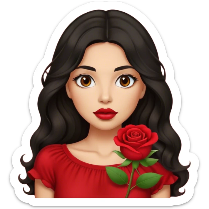 Big lips Olive brown eyed women with black long wavy hair rose background red top sticker