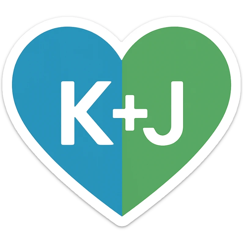modern style blue and green heart with the letters K+J in the center, transparent background sticker