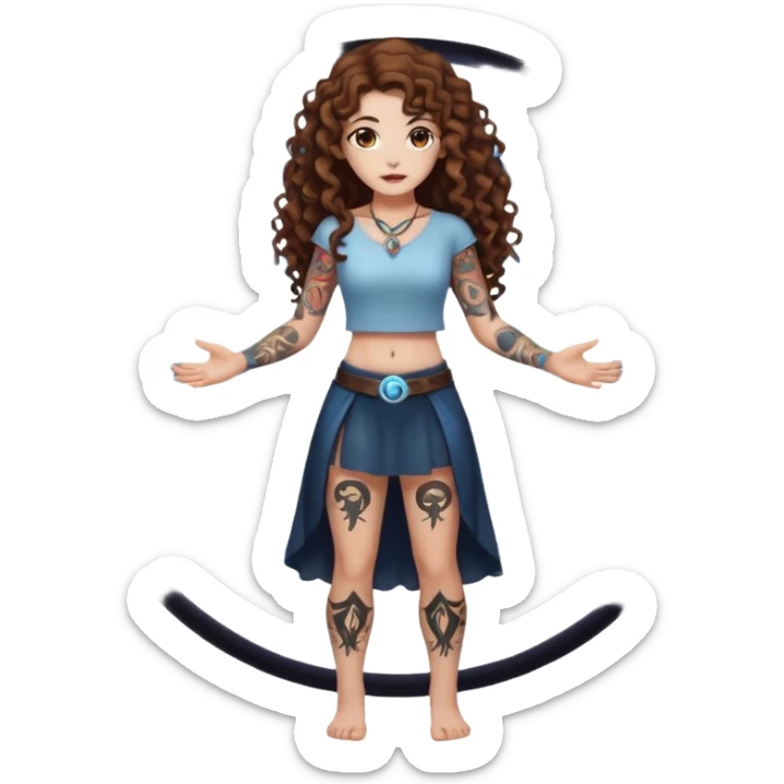 full body view of a woman with long curly brown hair, brown eyes, white skin, tattoos, fake innocent pose while standing inside a glowing spell circle sticker