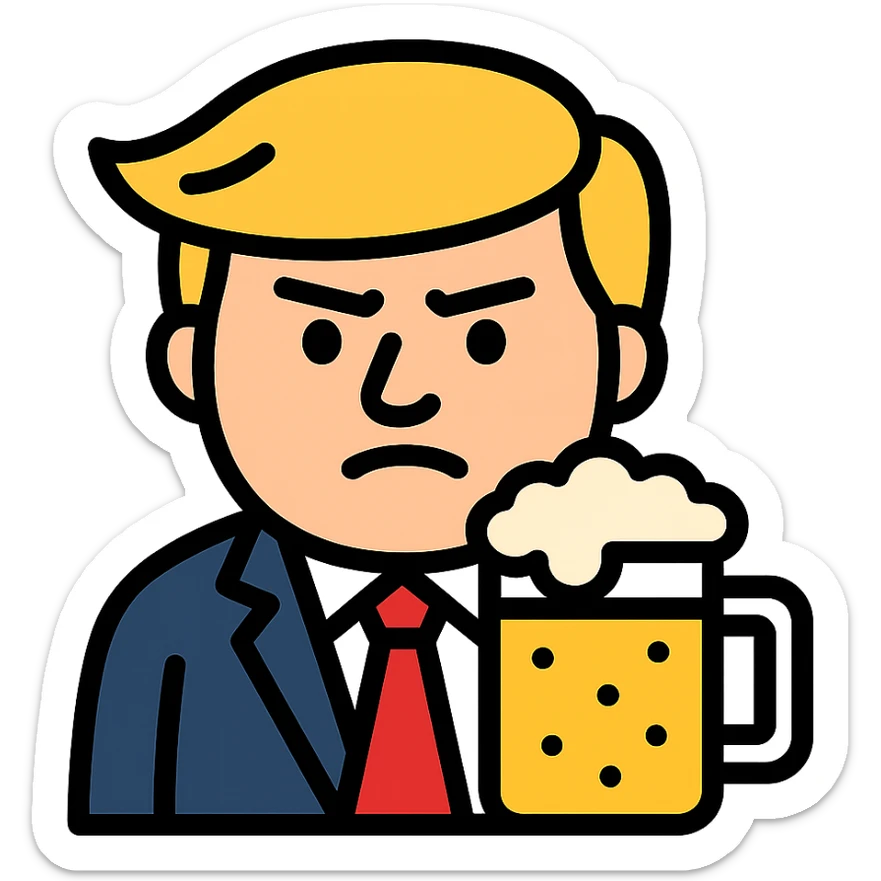 Donald Trump holding a beer, cartoon icon with color outline sticker