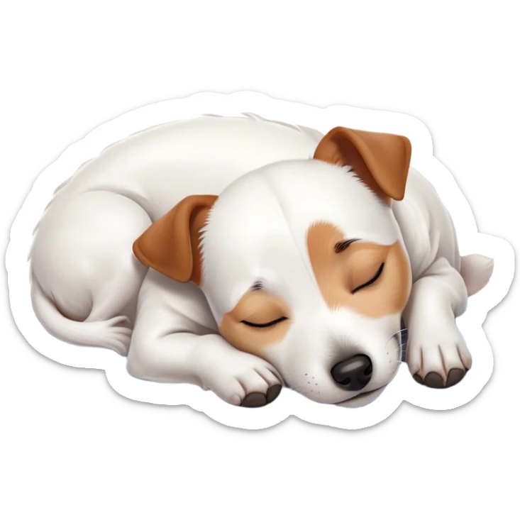 Meme-Worthy Cute Sleeping Jack Russell Terrier Portrait Emoji, Head and body resting peacefully with a contented smile, showcasing a compact, alert yet relaxed form with eyes gently closed in serene slumber, Simplified yet adorably endearing features, highly detailed, glowing with a soft, drowsy canine light, high shine, relaxed and utterly lovable, stylized with an air of playful laziness, soft glowing outline, capturing the essence of a sleeping Jack Russell Terrier that feels destined to become the next viral icon of adorable rest! sticker