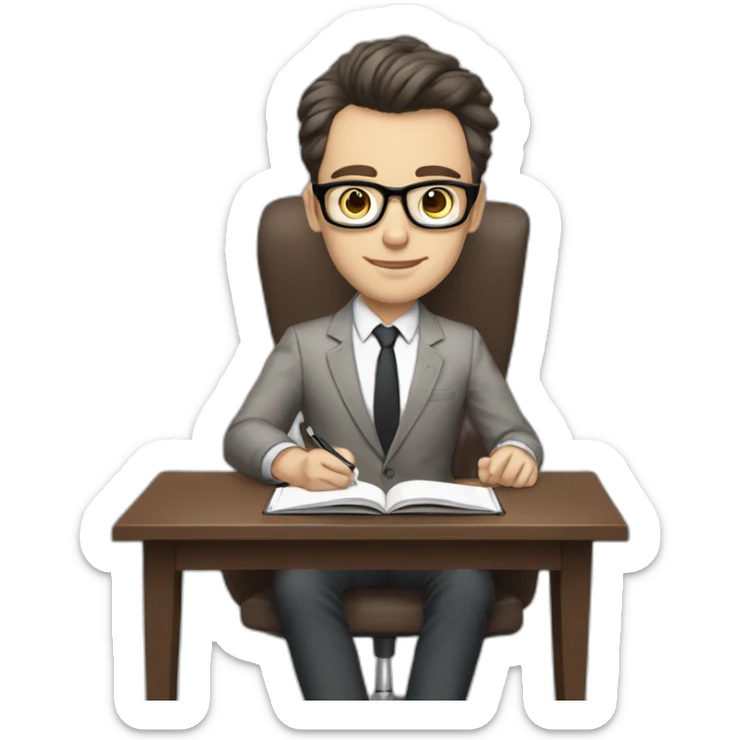 Pale skinned Fit Man With dark brown hair in gray jacket with emblem Ψ, beige office shirt and vintage glasses In a chair with a notebook and a pen in his hands sticker