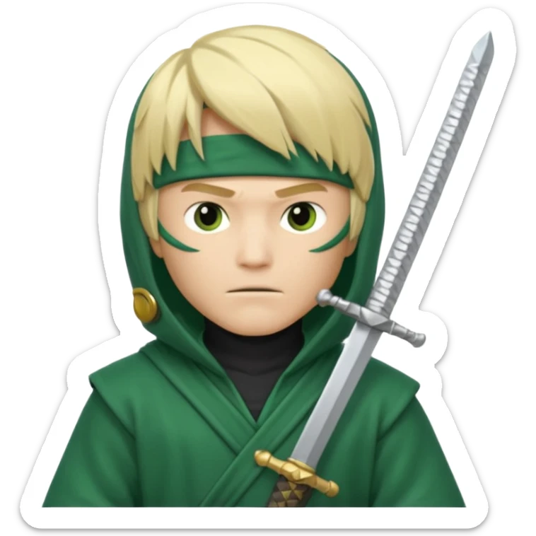 Green ninja Lloyd garmadon blonde hair, kaptur hoody on his head but blonde grzywka visible; the bottom left one is best (the one without miecze + black band + no mask of face) but add miecz; I want no band on head  sticker