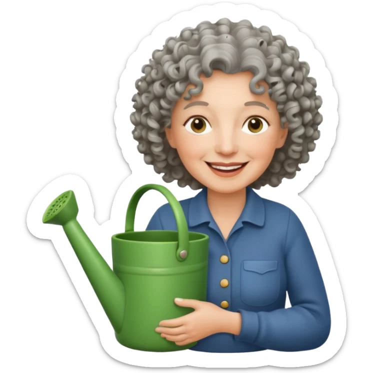 Older female florist – curly hair, hold garden watering pot sticker