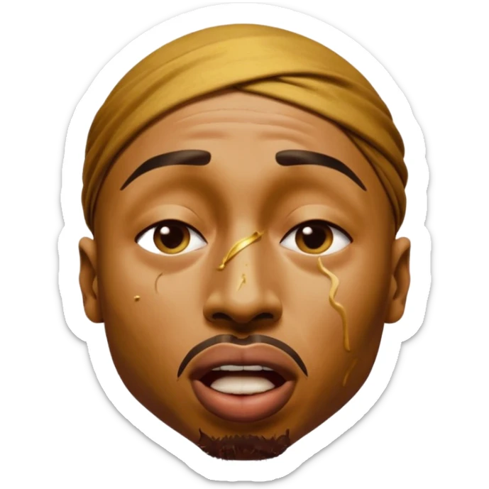 tupac but he's made of gold but he's also in an unbearable amount of pain, he has a really pained expression, his mouth is wide opened and his eyes are closed sticker