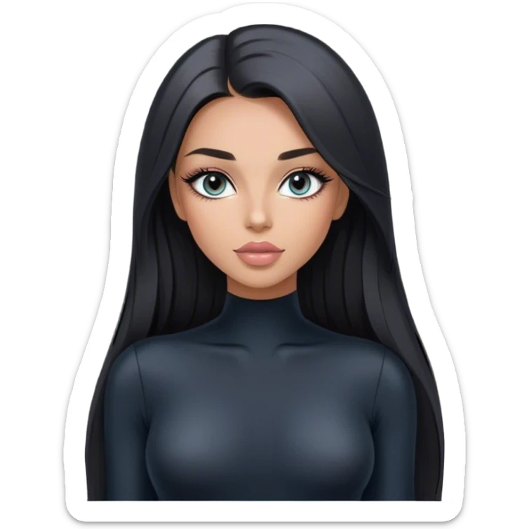 Glamours, tanned, very beautiful girl, with big pump peach-beige-rose lips, long long lashes, black straight smooth silky long hair, straight parting hair, blue-grey eyes in black long-sleeves bodysuit sticker