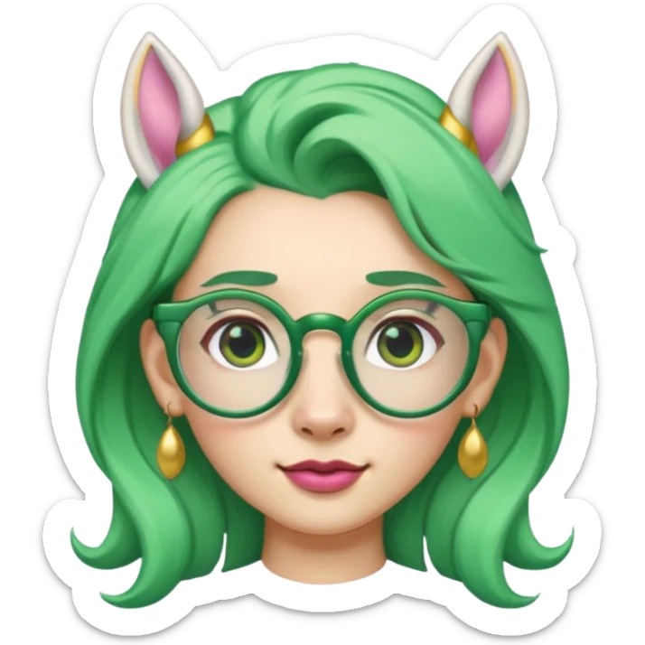 unicorn with green hair and big earrings looking into camera and spectacle sticker