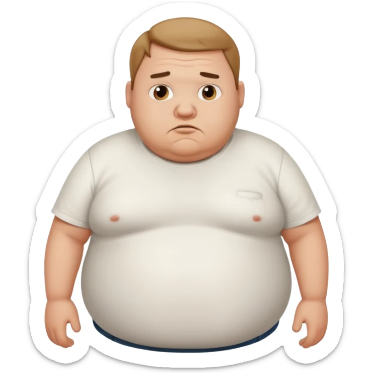 a cartoon fat man holding his stomach wearing t shirt, while looking confused?  sticker