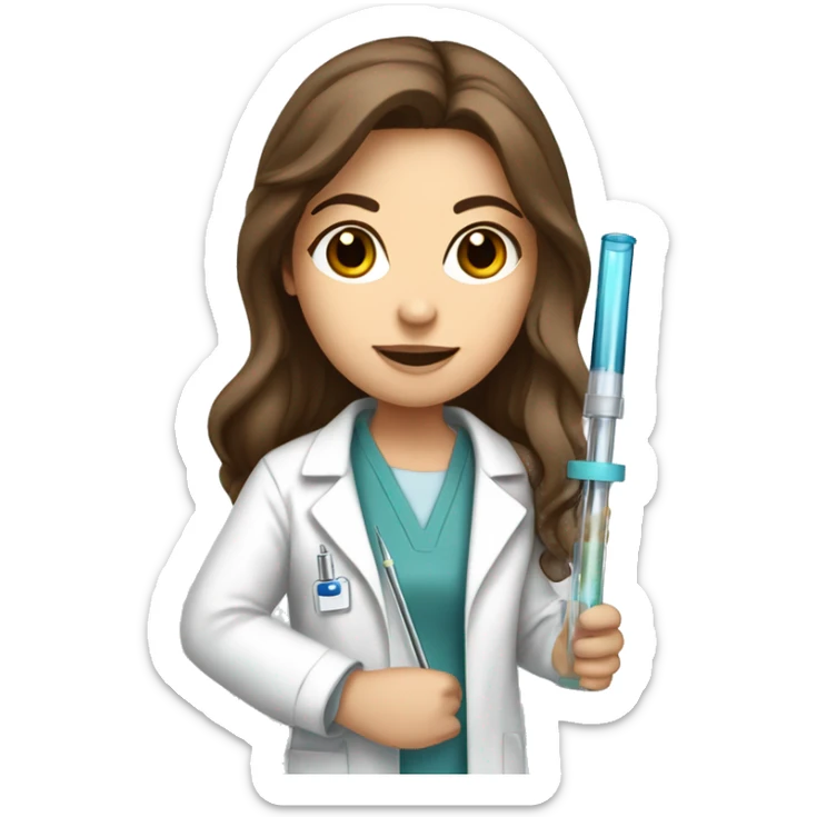 White Girl with long brown hair and brown eyes in a lab coat holding a pipette sticker