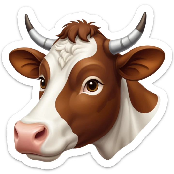 cinematic-noble-brown-and-white-cow-portrait-emoji,-poised-and-regal,-with-a-large,-sturdy-build-and-a-beautifully-patterned-hide-of-rich-brown-accented-by-crisp-white-patches,-deep-set-soulful-brown-eyes,-simplified-yet-sharp-and-sophisticated sticker