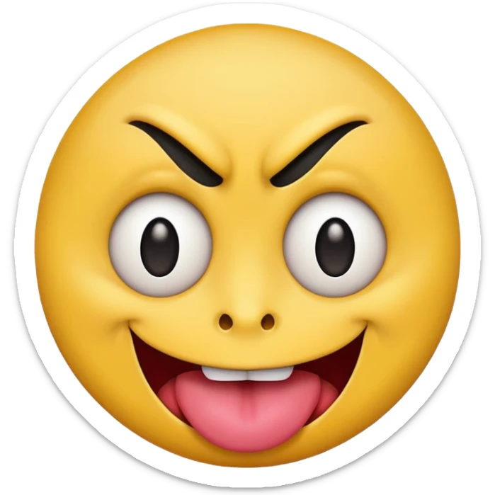 A yellow round face emoji smirking with its tounge out but the eyes are evil and kind of crazy and one eyebrow is raised in a suggestive way sticker