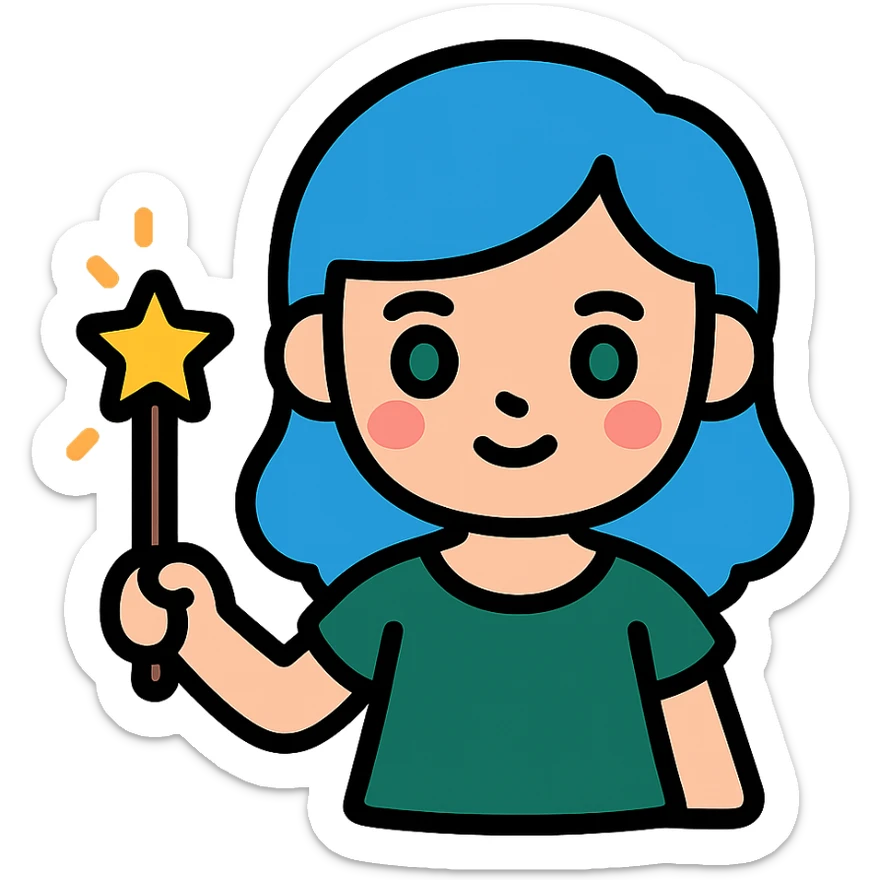 beautiful girl with blue hair and green eyes, holding a magic wand, wearing a dark green dress, color icon style sticker
