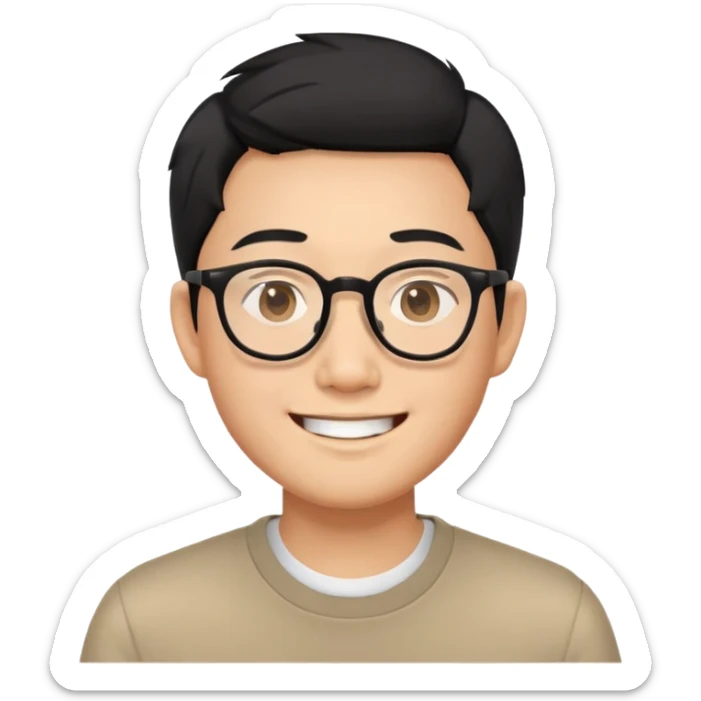 Asian man with short black hair, glasses, friendly smile, Josh Lim character sticker