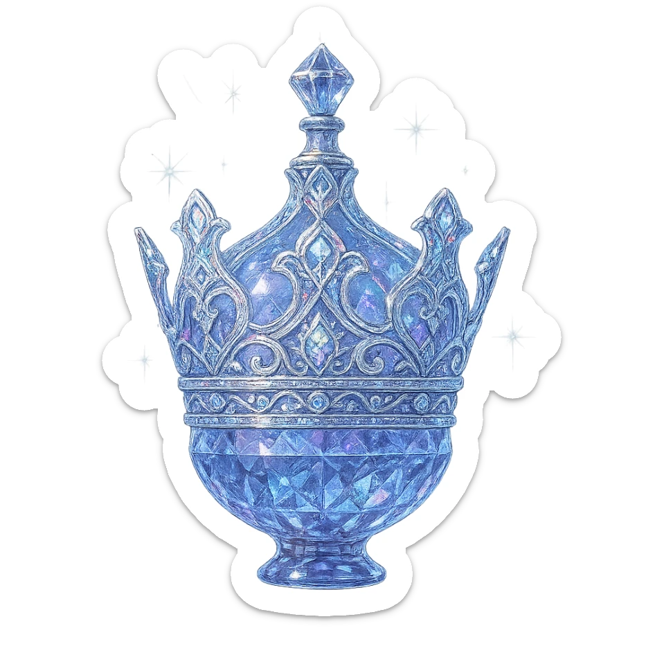 išskirtinai prabangus eliksyro buteliukas, aiškiai karūnos forma (ne gertuvė), spalva #7986cb, daugiasluoksniai holografiniai ir sidabriniai ornamentai, kristalo tekstūra, daug magiškų švytėjimų ir žėrėjimo, šviesos spinduliai, labai mažas kaklelis, dailiai sujungta, užapvalinta ir uždara apačia (ne plokščia ir ne atvira kaip stiklinės), skaidrus fonas, buteliukas aiškiai plūduriuoja ore, be pagrindo ar šešėlio, nestovi, modernus, kolekcijai tinkamas, ypatingai gražus, elegantiškas karūnos siluetas sticker