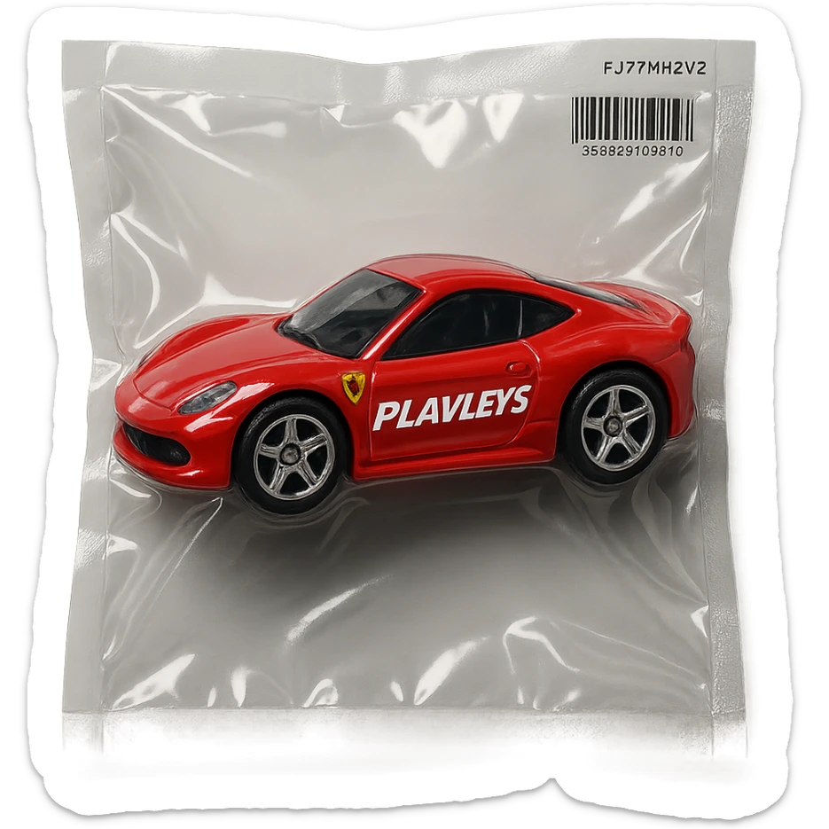 red Ferrari Hot Wheels car in packaging, 'PLAVLEYS' in italic racing font on the side, glossy and puffy vacuum-sealed style sticker