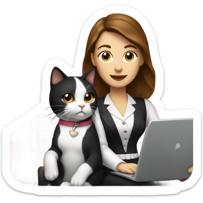  woman with brown hair sitting on the couch laptop on her lap next to small black and white tuxedo cat sticker