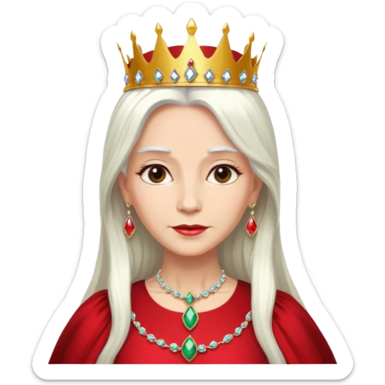 Queen with long white hair – jeweled golden crown, red dress. sticker
