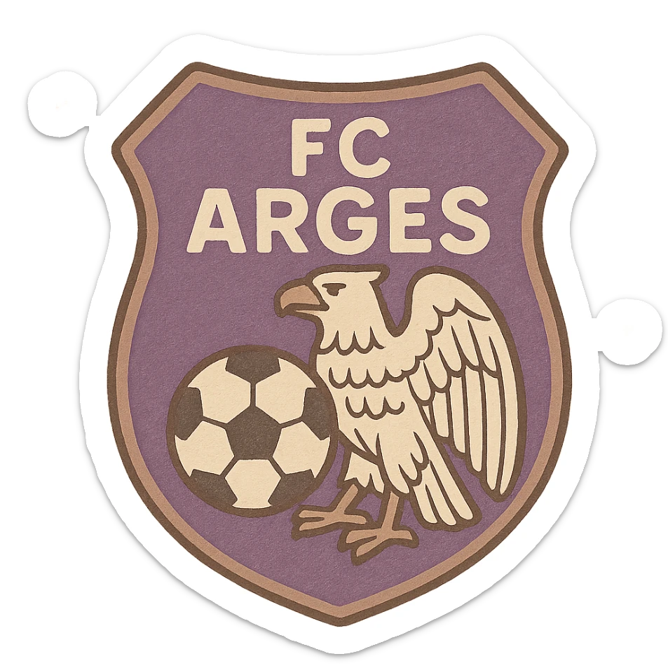 FC Arges logo, classic Romanian football crest, purple and white colors, eagle and soccer ball, traditional badge style sticker