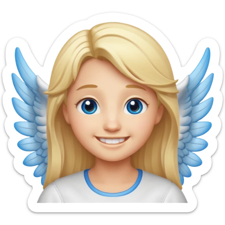 angel emoji blonde hair, blue eyes and smiling, larger wings with darker outline on them and bigger smile and more smiley eyes sticker