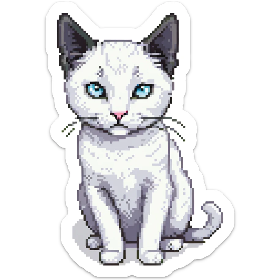 a close up portrait of a realistic adult white cat with black ears, he is giving skeptical slant eyed side-eye to the camera, cutscene graphic
 sticker