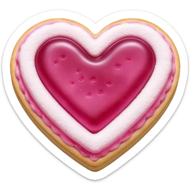 Realistic shortbread cookie in the shape of a heart with pink jelly middle filling and sprinkled powder sugar on top. sticker