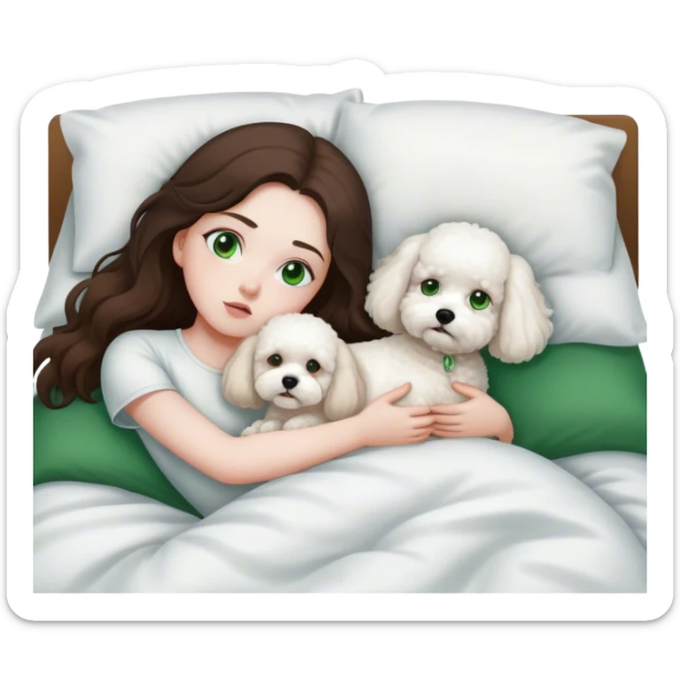 Brunette Long hair girl with green eyes sick in bed by herself with one white bichon frise dog sticker
