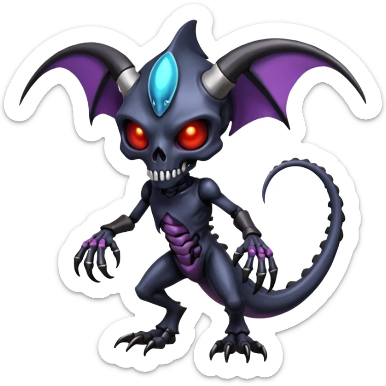 Shiny Horned Futuristic Badass Demonic Spectral Dusky Spooky Skull-faced Cool Hot Stylish Handsome Alien-Salandit-Darkrai-Genesect-Fakémon-fusion (full body) sticker