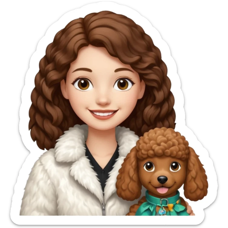 A white girl smiles a broad smile. She parts a long brown hair in middle. and she wears a white fur jacket. She also holds a brown poodle. sticker