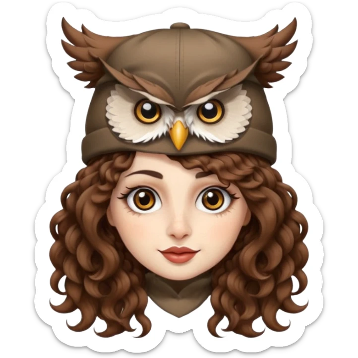portrait woman long curly brown hair brown eyes white skin tattoos wearing owl hat oversized, playful wink sticker