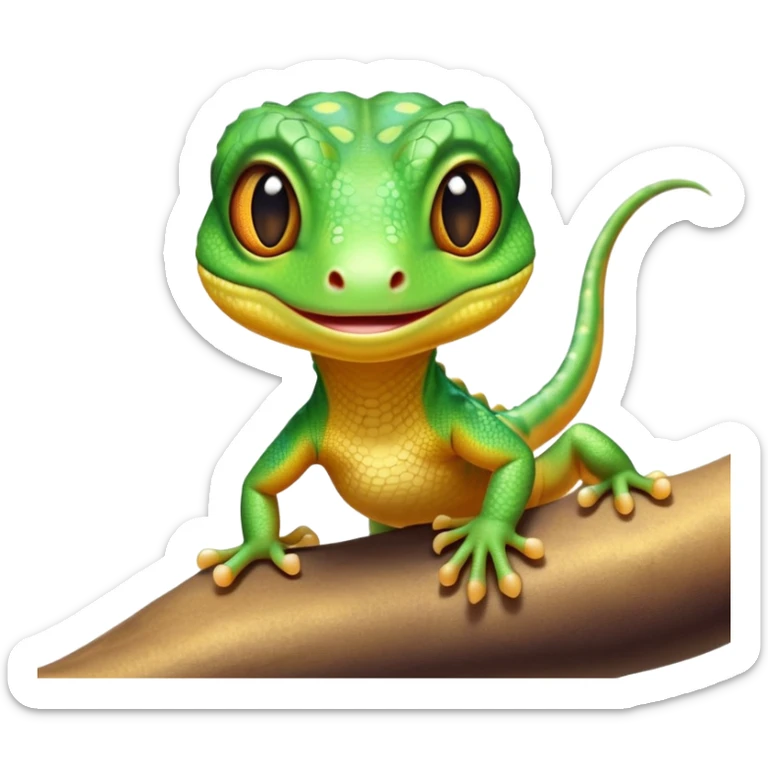 cinematic-cute-realistic gecko-portrait-emoji,-head-tilted-playfully-and-inquisitively,-featuring-a-small,-charming-body-with-smooth,-vividly-patterned-scales,-bright,-sparkling-eyes-and-delicate,-sticky-toe-pads,-simplified-yet-irresistibly-adorable sticker