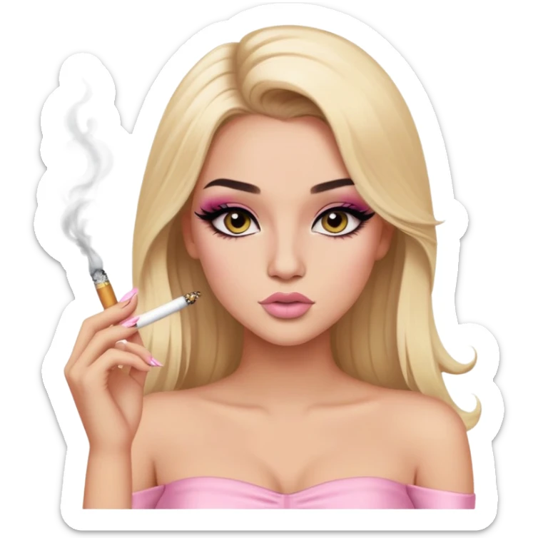blonde long hair gorgeous girl with latina makeup smoking a cigarette winged eyeliner big lashes light pink tube top sticker