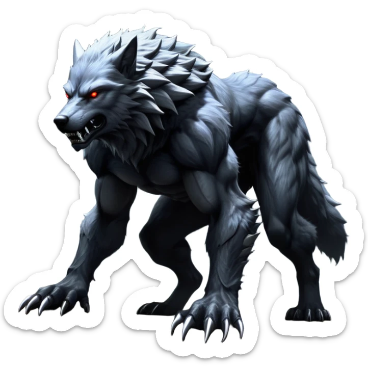 cinematic-noble-fierce-werewolf-full body on all fours-emoji, poised-and-imposing, with a tall, lean, and muscular wolfish frame inspired by the brutal, imposing shape of the beast from Berserk, fur rippling in shades of midnight black and silver, massive paws with razor-sharp claws, elongated limbs and fangs, eyes glowing with an intense, primal ferocity, reflecting the untamed power of the wild moonlit night; rendered with realism like a wolf hunched over battle ready pose ready to attack sticker