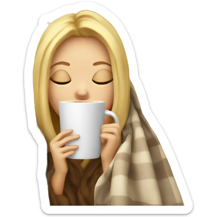 blonde girl inside a blanket sipping coffee eyes closed sticker