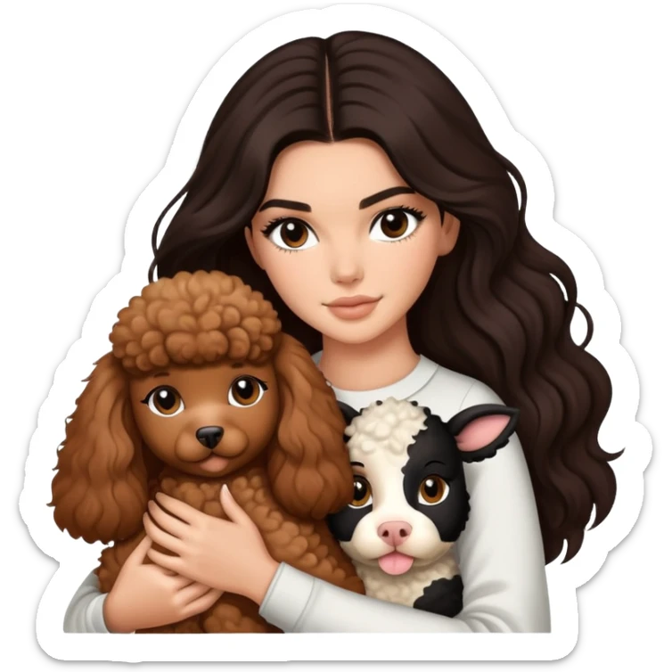 Kendall Jenner with long dark hair holding a brown poodle and a cow cat in her arms sticker