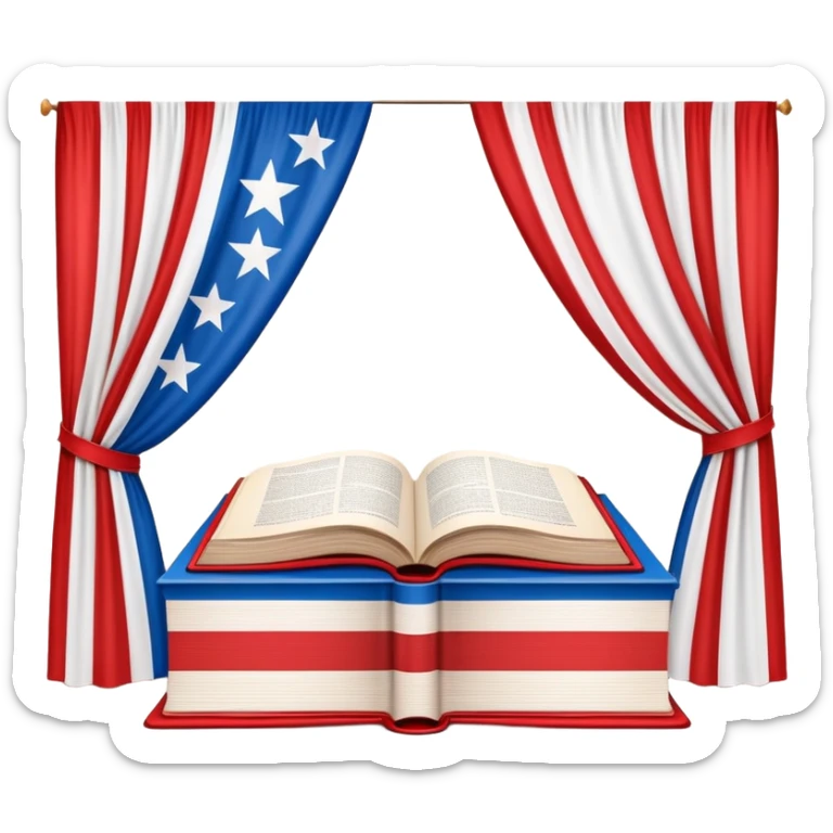 Book of theatrical set design with cover designed like the Puerto Rican flag, red and blue stripes with white star, theater curtains visible on pages sticker