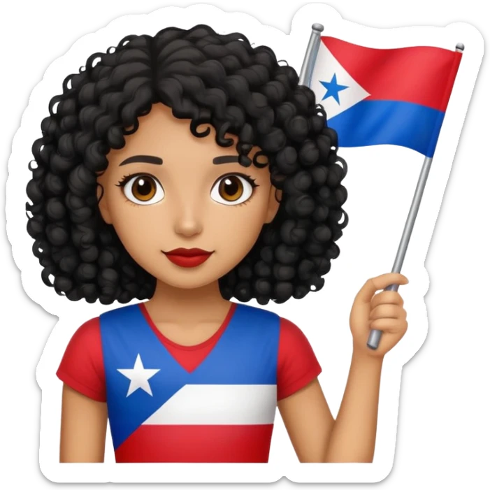 Tan skin girl with black curly hair holding a Puerto Rican flag sticker