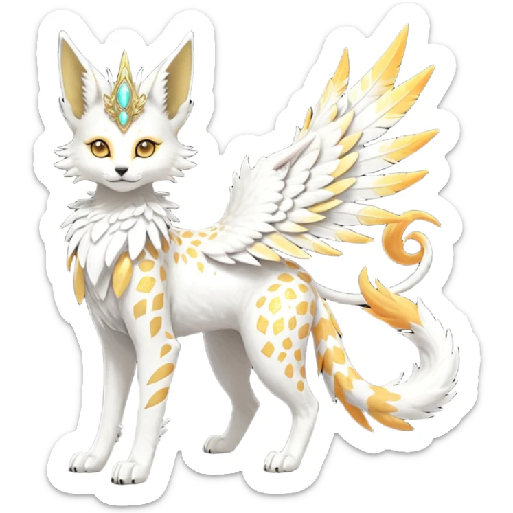 Epic complex fantasy glorious detailed futuristic divine godly angelic feathery sunny, white, albino, pastel, golden, orange glowing sparkly, realistic Fakémon-Sprigatito-Floragato-Meowscarada-Trico-Sergal-Serval-Solgaleo-Vernid-creature (full body) solarpunk, shiny sparkly with a gold laurel sticker