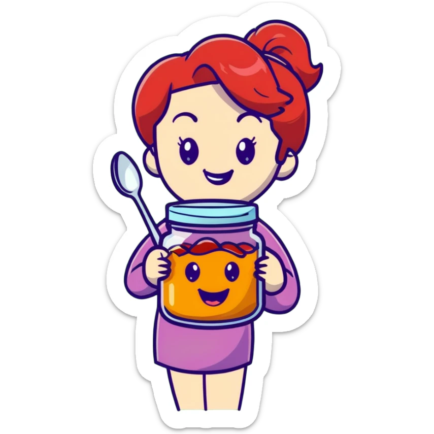 redhead woman with big smile holding a glass jar with jam in one hand and a little spoon with jam in other hand sticker