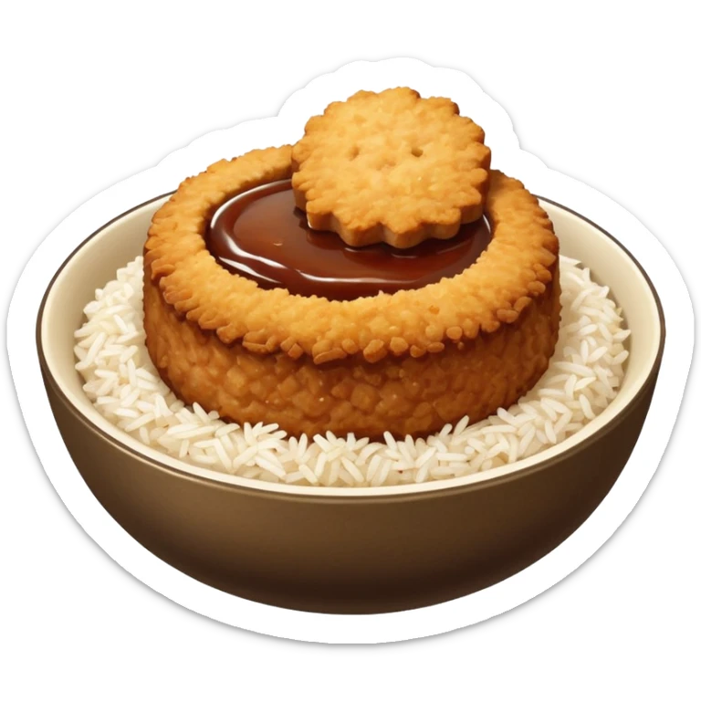 bowl filled with rice, a bit of brown sauce over the rice and a breaded pork cutlet over it sticker