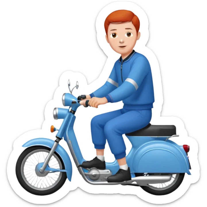 Un Solex 5000 de couleur blanche avec un homme aux guidon, habillé en bleu avec les cheveux courts et roux  sticker