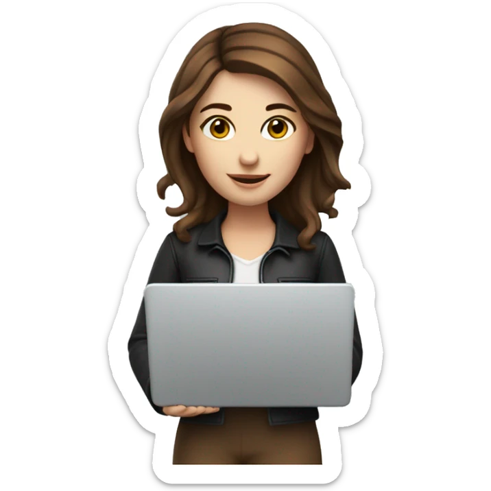 A marketing girl with brown hair from France with a laptop in her hands sticker