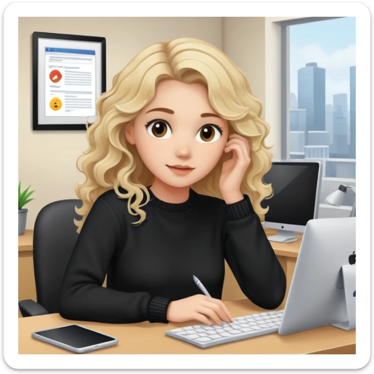pretty brown-eyed blonde young woman with wavy hair, wearing a black sweater, working on a computer in a cozy office sticker