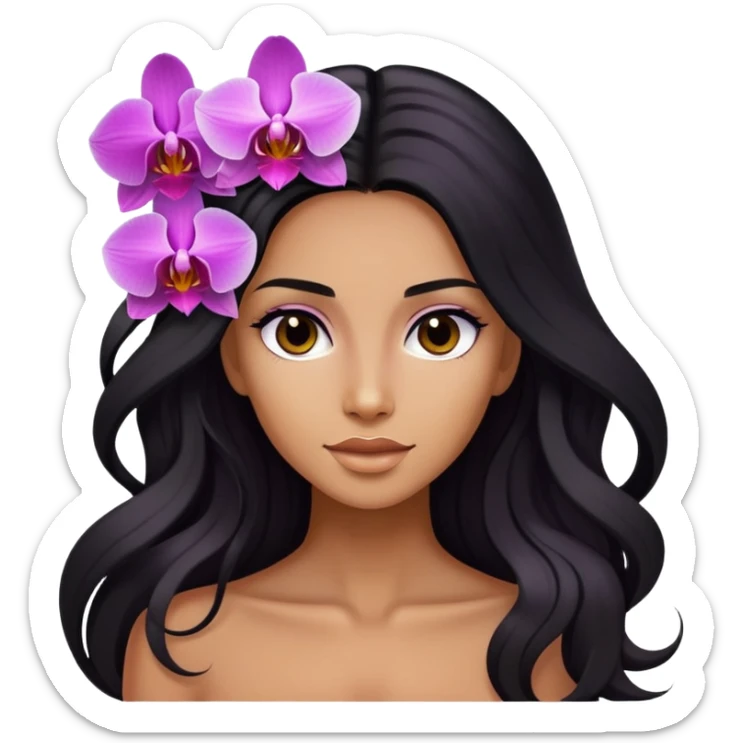 Upclose, black long hair tanned woman, orchid flowers in hair  sticker