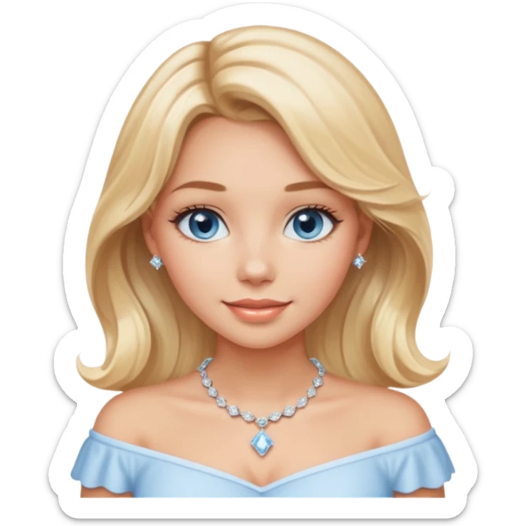 girl with mid-length soft wavy blond hair, blue eyes, light tan skin, gentle smile with light peach glossy lips, wearing a white Bardot collar top and a diamond necklace sticker