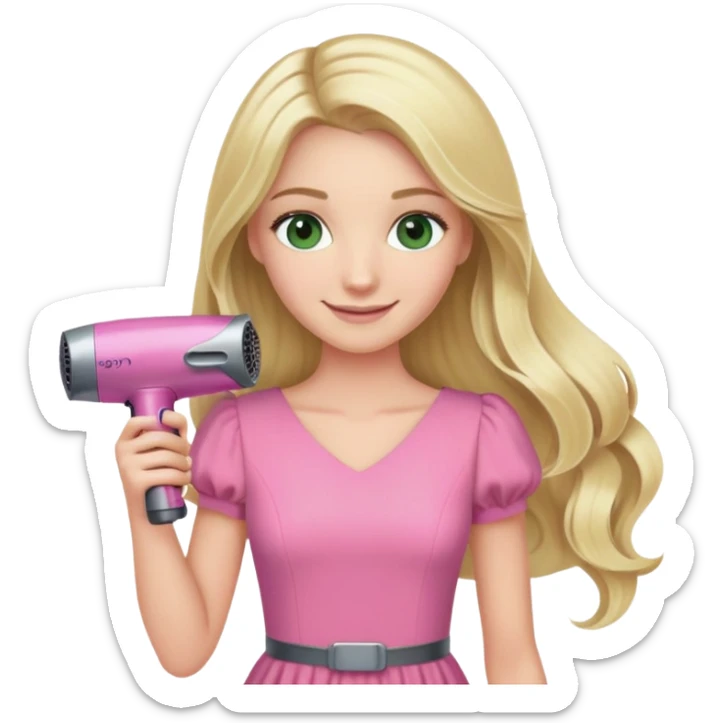 blonde with long hair and swamp eyes, wearing a pink dress, holding a Dyson hair dryer, smiling sticker